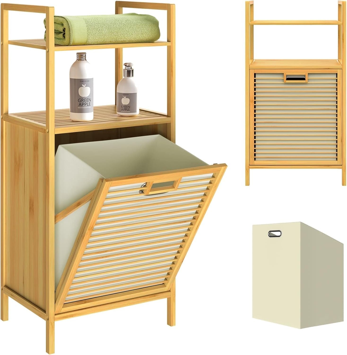 Laundry Basket Cabinet Bamboo Storage Shelf Bathroom Organiser 2 Shelves
