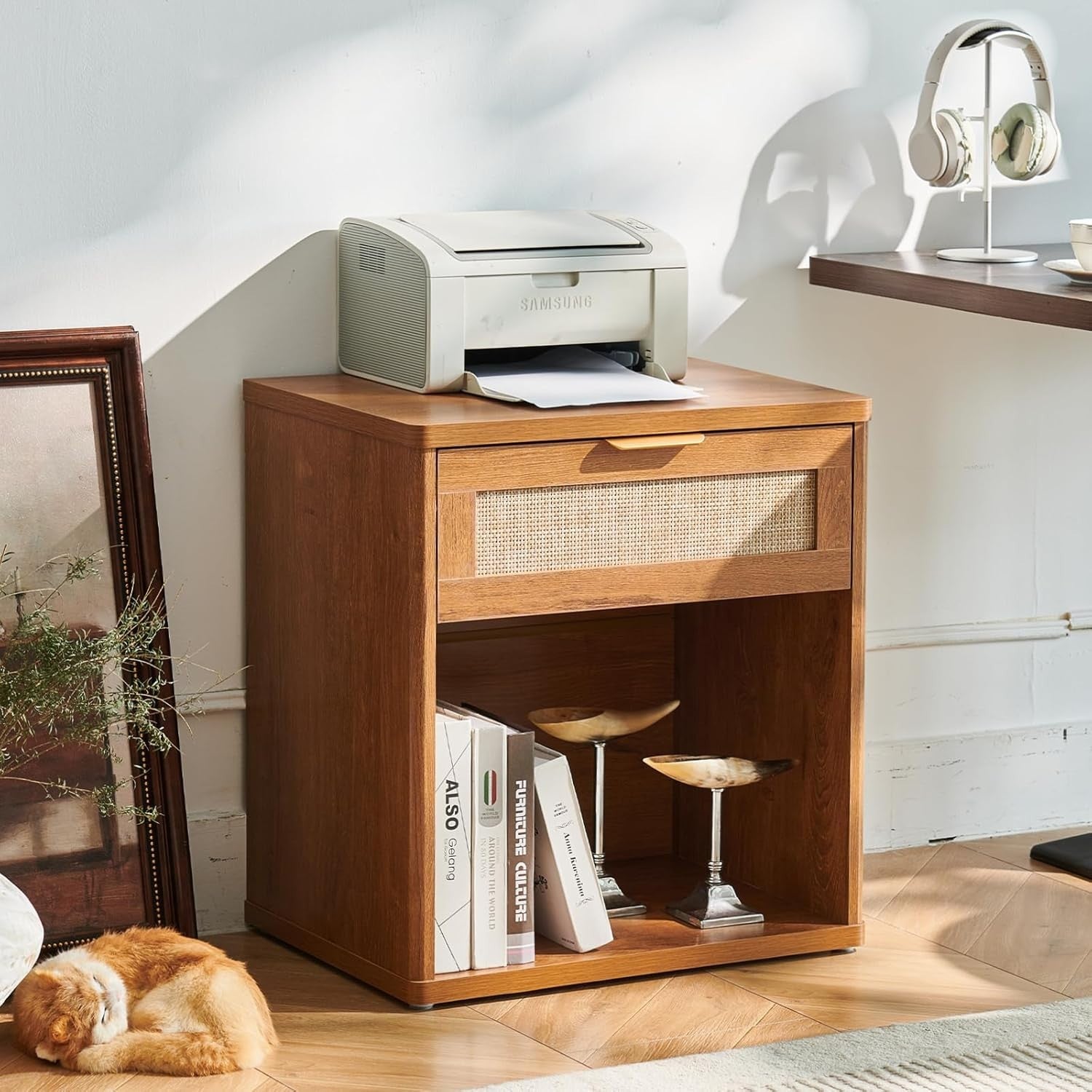 Wide Rattan Bedside Table Nightstand with Drawer Boho Wood