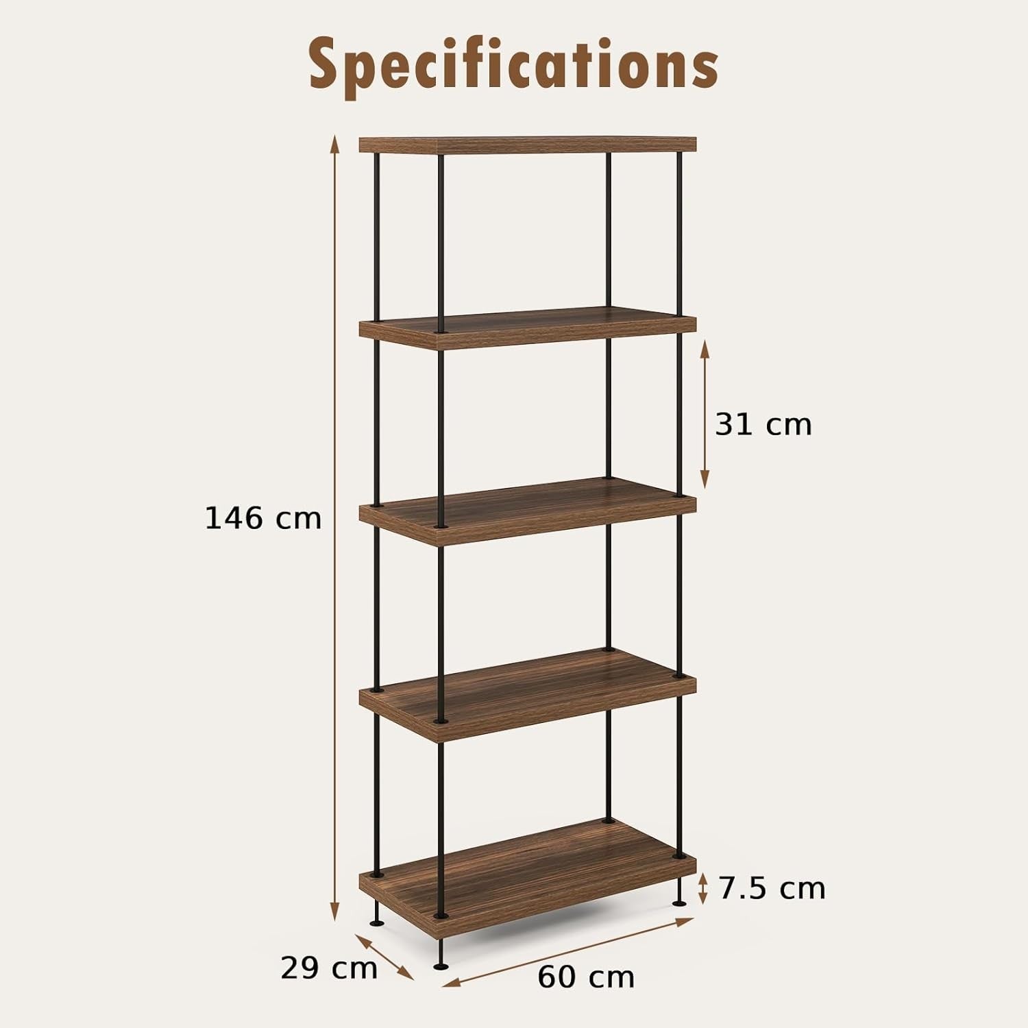5-Tier Industrial Bookshelf Metal Frame Rustic Wood Storage Shelving Unit