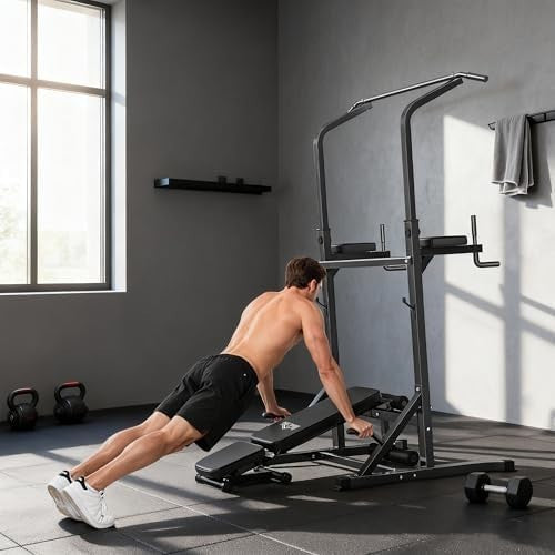 Black Multi-Function Pull Up Tower Dip Station Adjustable Home Gym