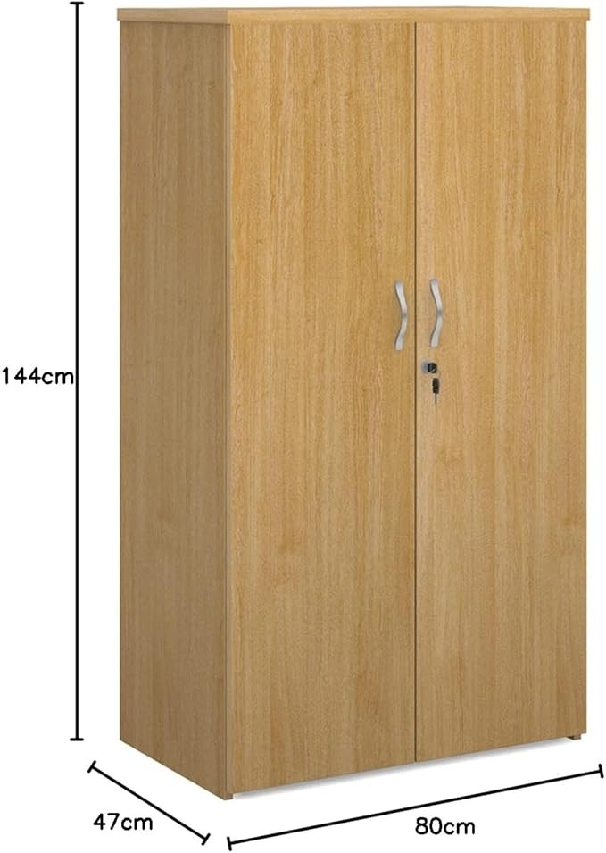 Oak Double Door Office Cupboard 3 Shelves Lockable Storage Cabinet 144cm