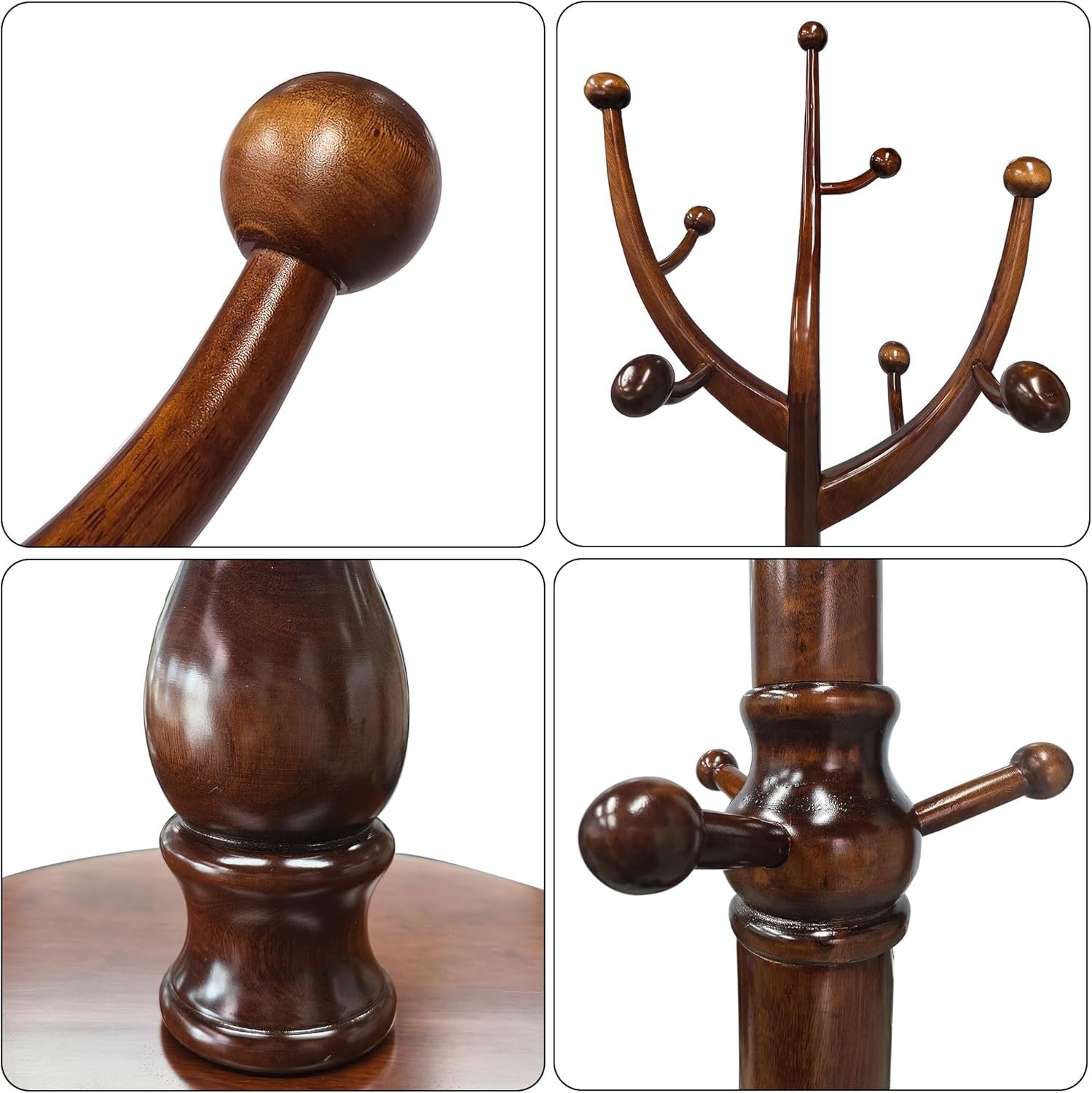 Walnut Wooden Coat Rack Stand 11 Hooks Freestanding Hall Tree with Round Base