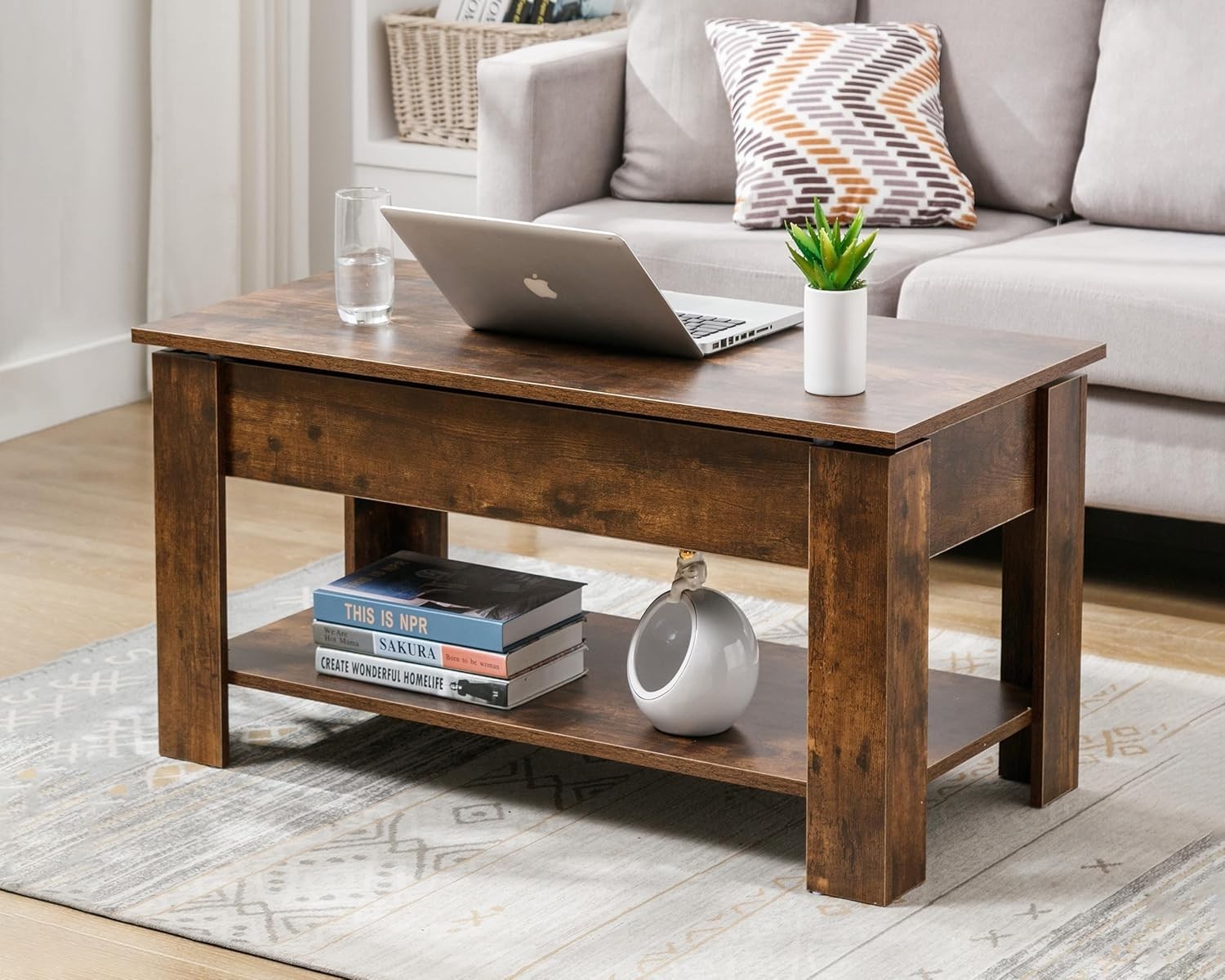 Lift Top Coffee Table with Storage Rustic Brown, Large Hidden Compartment 100x50