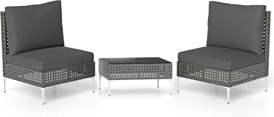 Outdoor Rattan Lounge Bistro Set 2 Cushioned Chairs Compact Coffee Table Patio