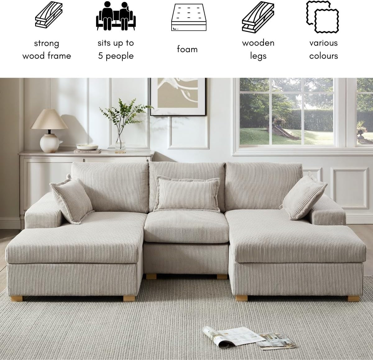 U-Shape Jumbo Cord Sofa Stone Grey 4-Seater | Deep Seat + Optional Footstool