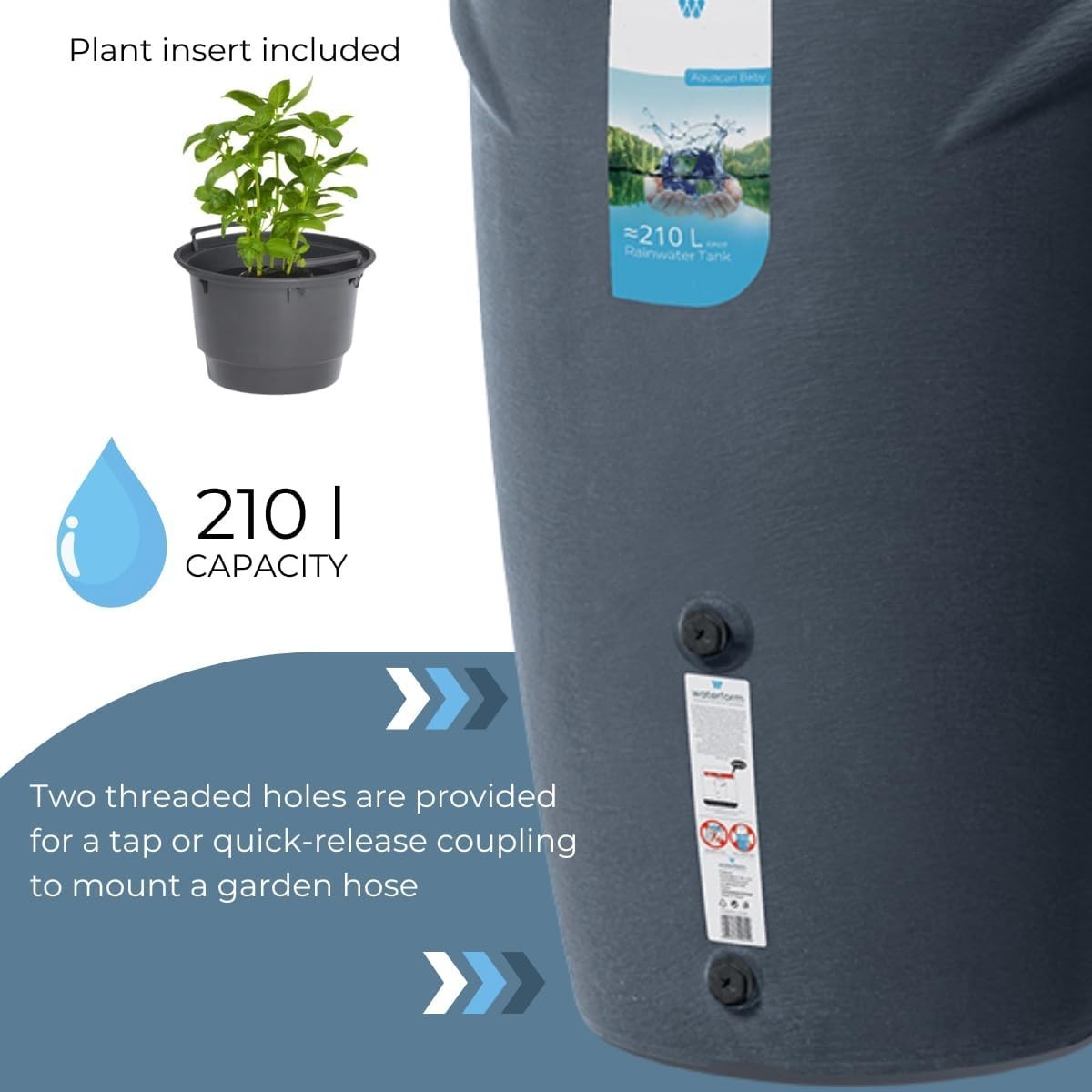 210L Anthracite Garden Water Butt with Tap & Complete Connection Kit