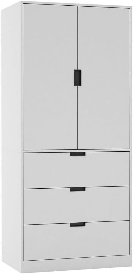 White 2 Door Wardrobe with 3 Drawers & Hanging Rail - Bedroom Storage Unit