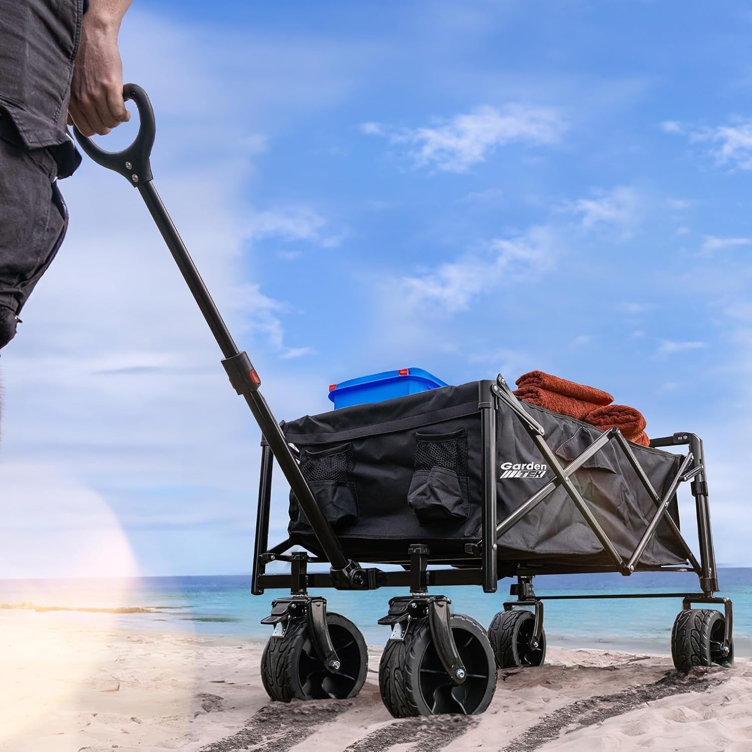 Folding Garden Trolley Cart 100kg Load 135L Capacity w/ Brakes 360° Wheels Black