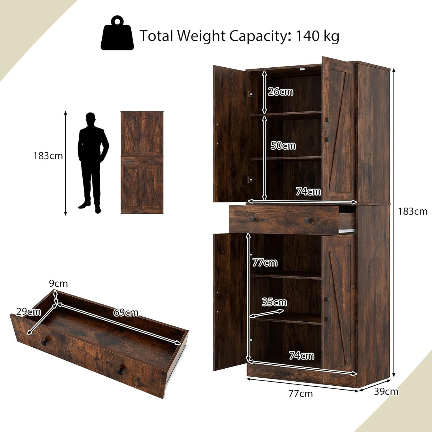 Tall Kitchen Cupboard Rustic Brown 4-Door Buffet Pantry Cabinet