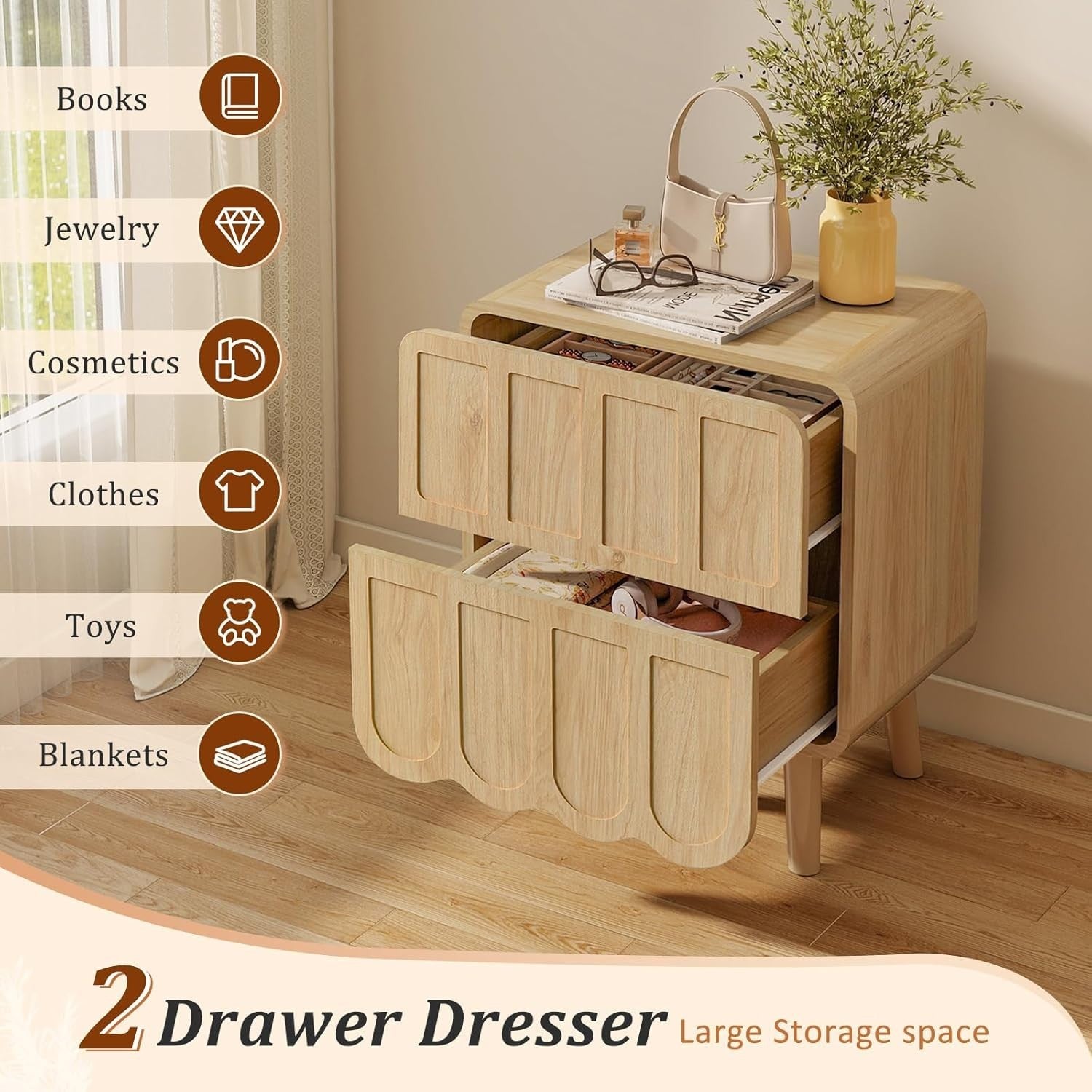 Modern Wood Bedside Table with 2 Drawers, Nightstand for Bedroom