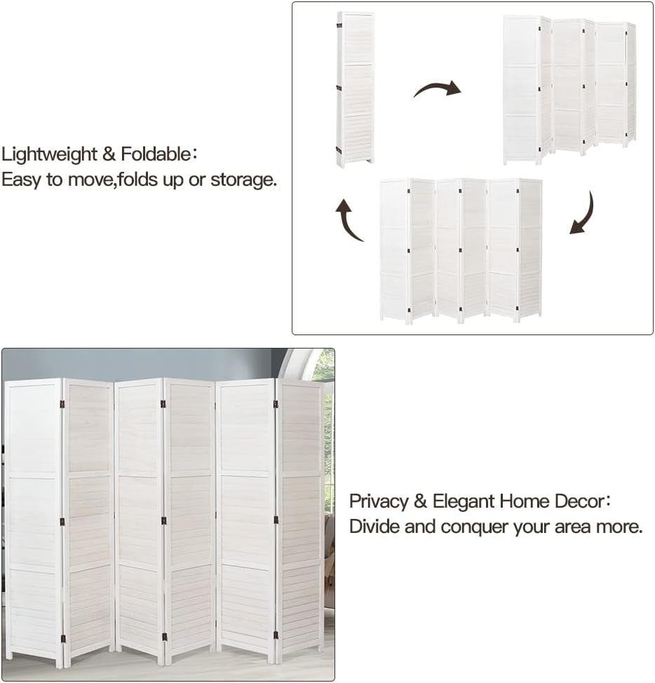 White 6 Panel Wooden Folding Room Divider Privacy Screen 240x170cm Home Office