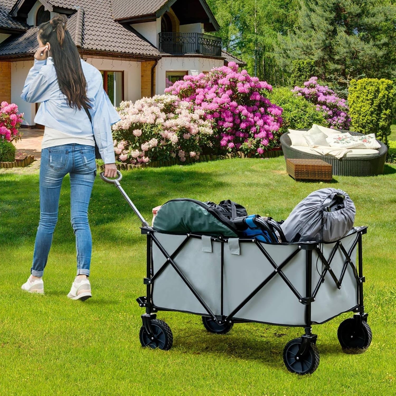 Folding Camping Wagon 87x50x38cm Heavy Duty Garden Cart Cup Holders Grey