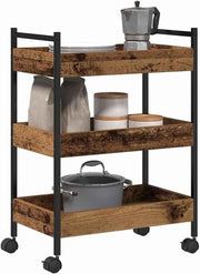 3 Tier Kitchen Trolley Rolling Storage Cart Industrial Wooden Shelves Wheels
