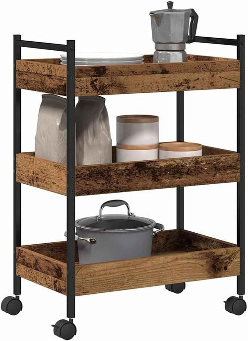 3 Tier Kitchen Trolley Rolling Storage Cart Industrial Wooden Shelves Wheels