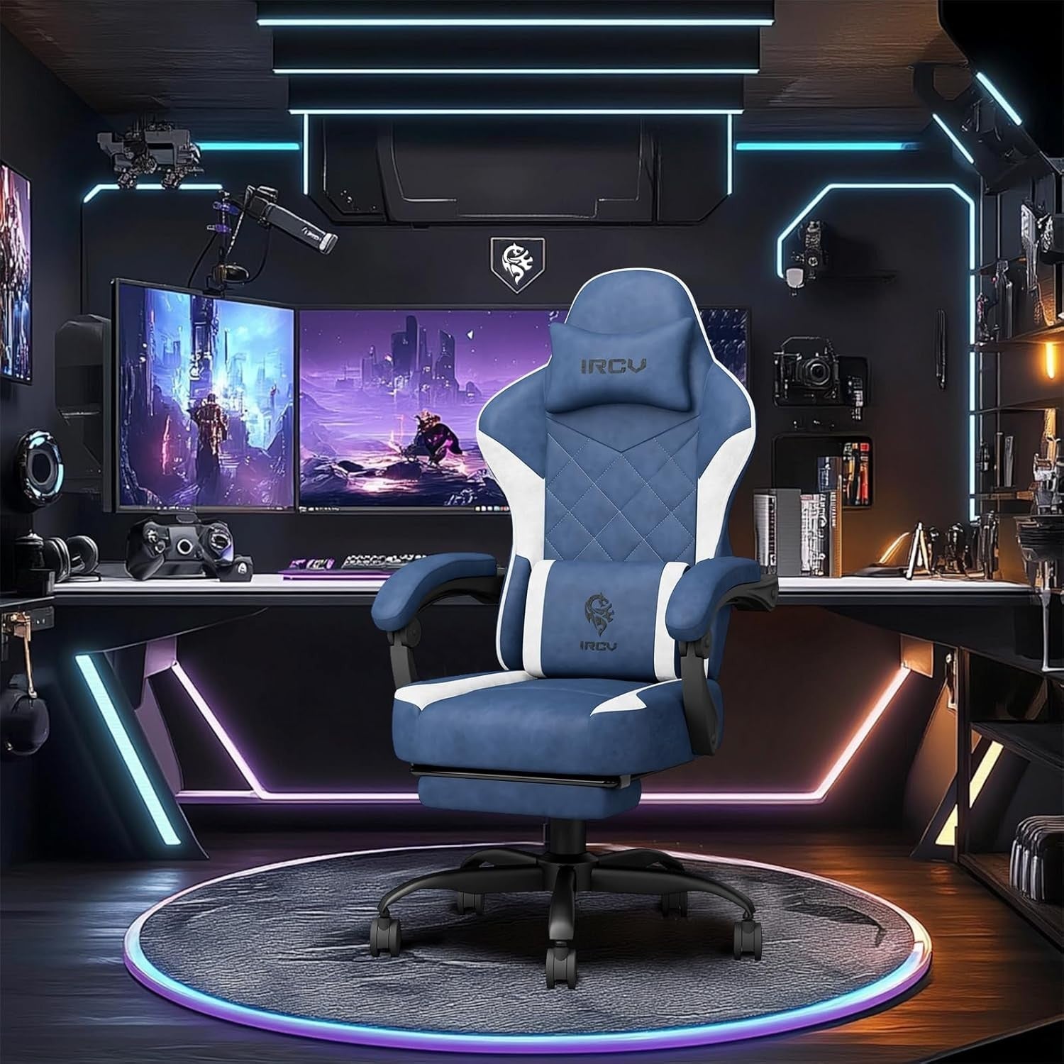 Gaming Chair Memory Foam Footrest Reclining Large Lumbar Support Blue