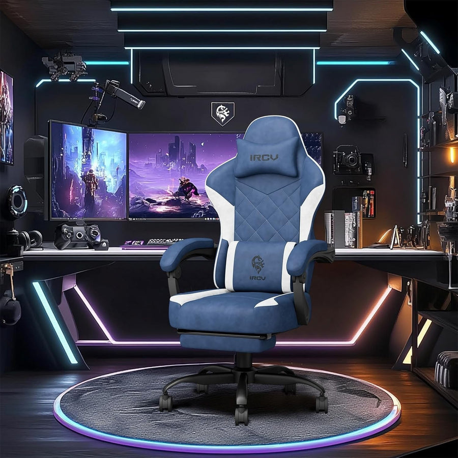 Gaming Chair Memory Foam Footrest Reclining Large Lumbar Support Blue