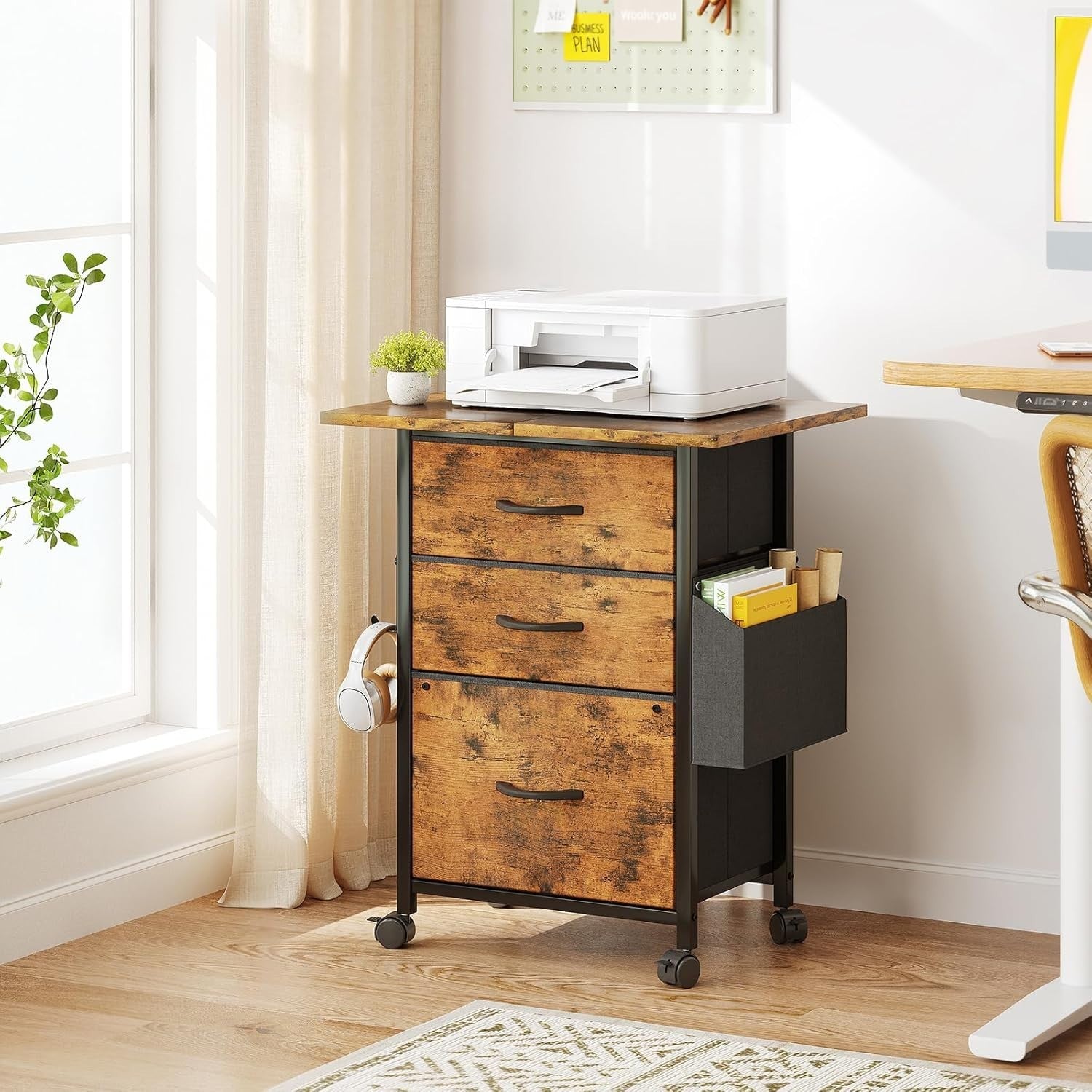 Rustic Mobile File Cabinet 3 Drawer Fabric Rolling Printer Stand