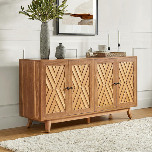 Walnut Sideboard Cabinet Chevron Design Adjustable Shelves Solid Legs