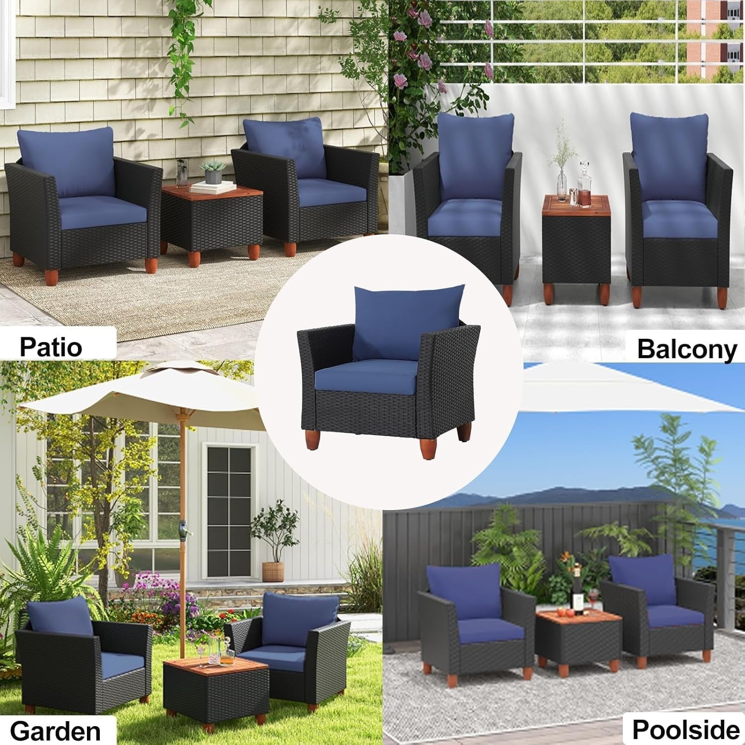 3 Piece Rattan Bistro Set with Storage Table Garden Patio Chairs Cushions