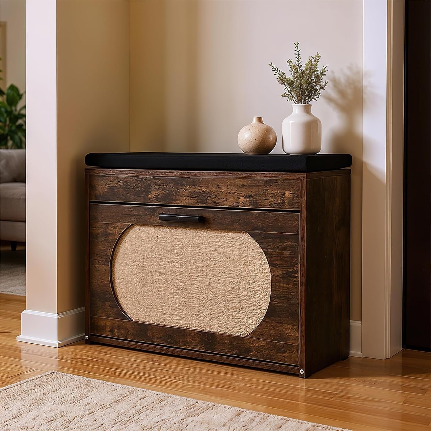 Rustic Brown Shoe Storage Bench with Flip Drawer & Cushioned Seat, 74x24x51 cm