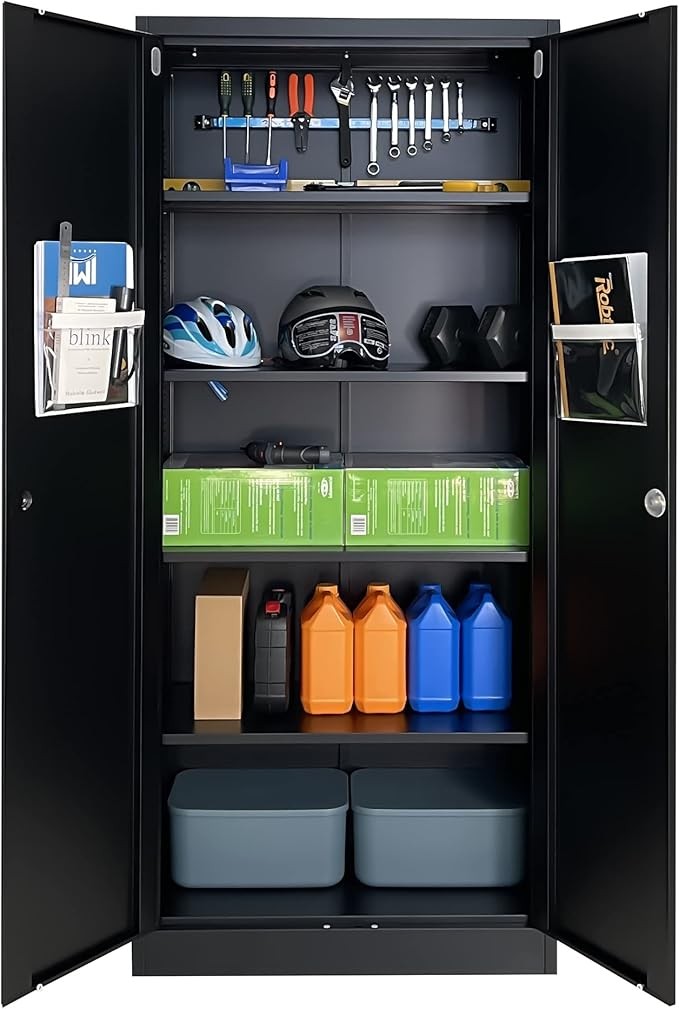Tall Black Metal Storage Cabinet with Lockable Doors & 4 Adjustable Shelves