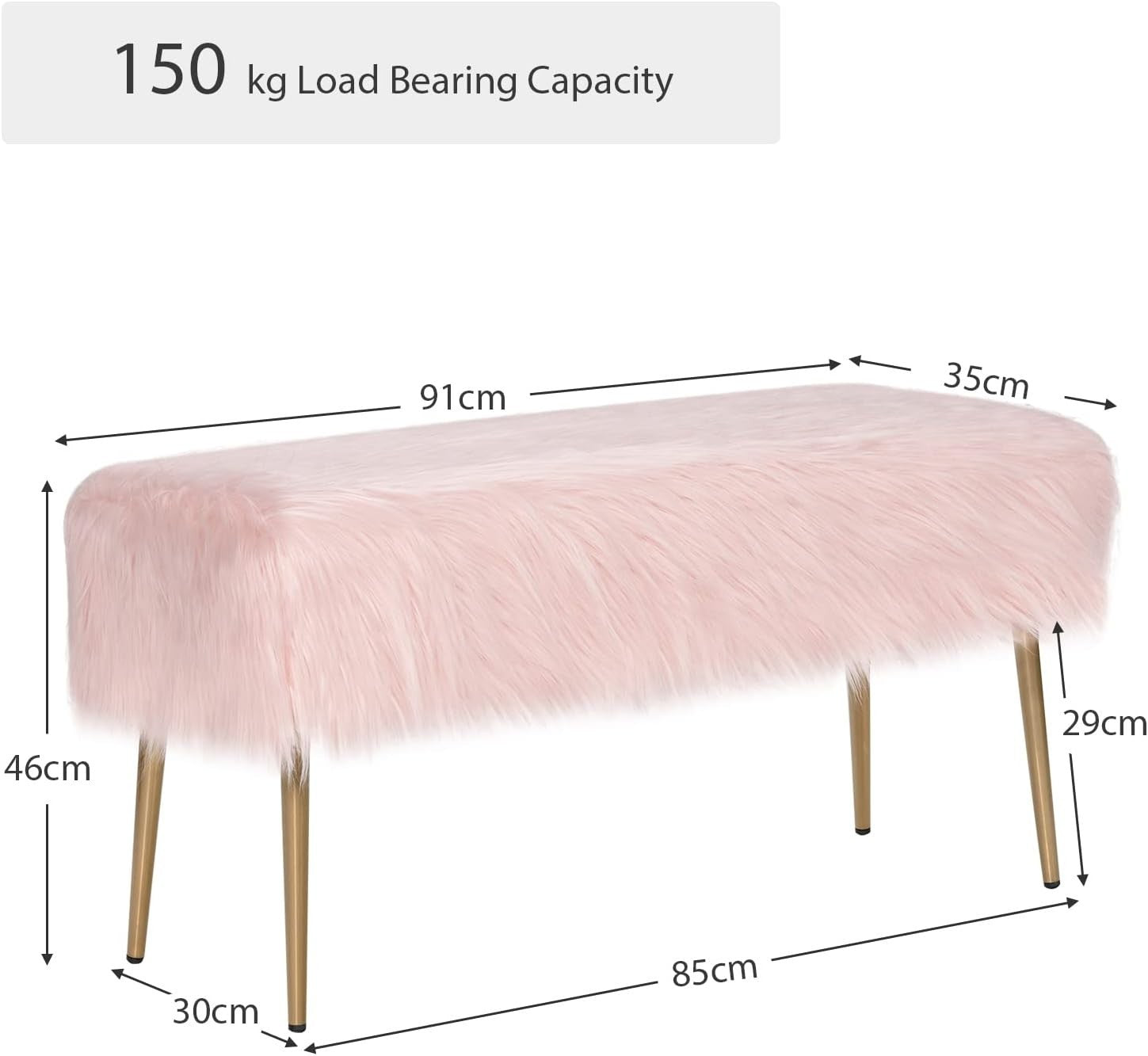 Faux Fur Ottoman Bench with Gold Legs, Plush Vanity Seat Stool Pink
