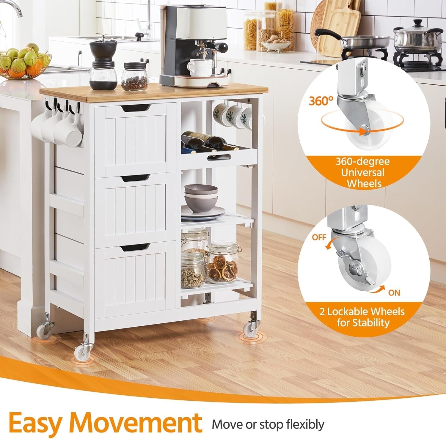 Kitchen Trolley on Wheels White 3 Drawers Island Cart