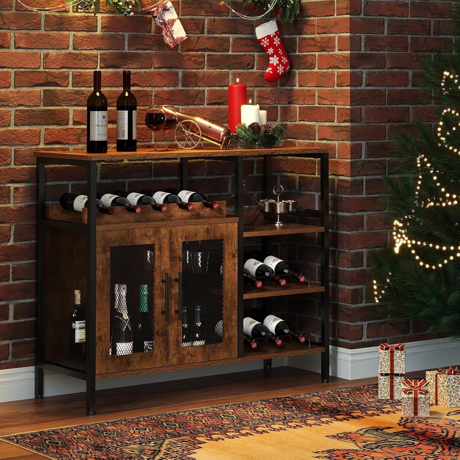 Rustic Wine Bar Cabinet with Glass Holder & Bottle Rack, Sideboard Buffet Unit