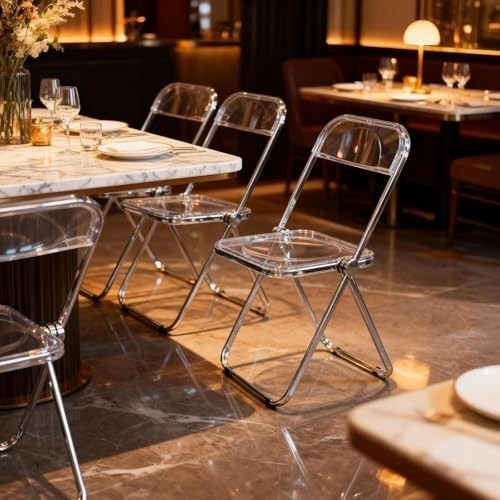 Clear Acrylic Folding Chair Chrome Frame Stackable Modern Dining Vanity