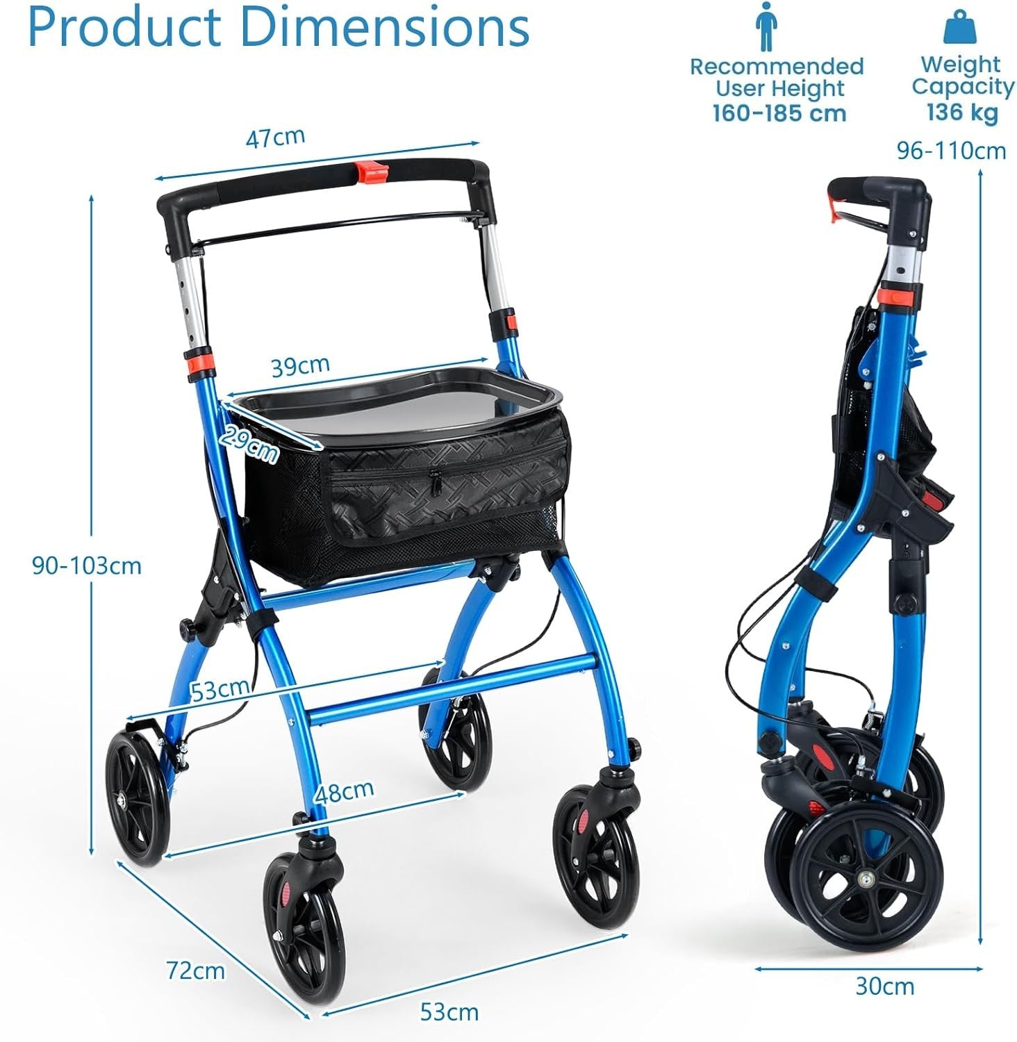 4 Wheel Rollator Walker Lightweight Walking Aid Brakes Tray