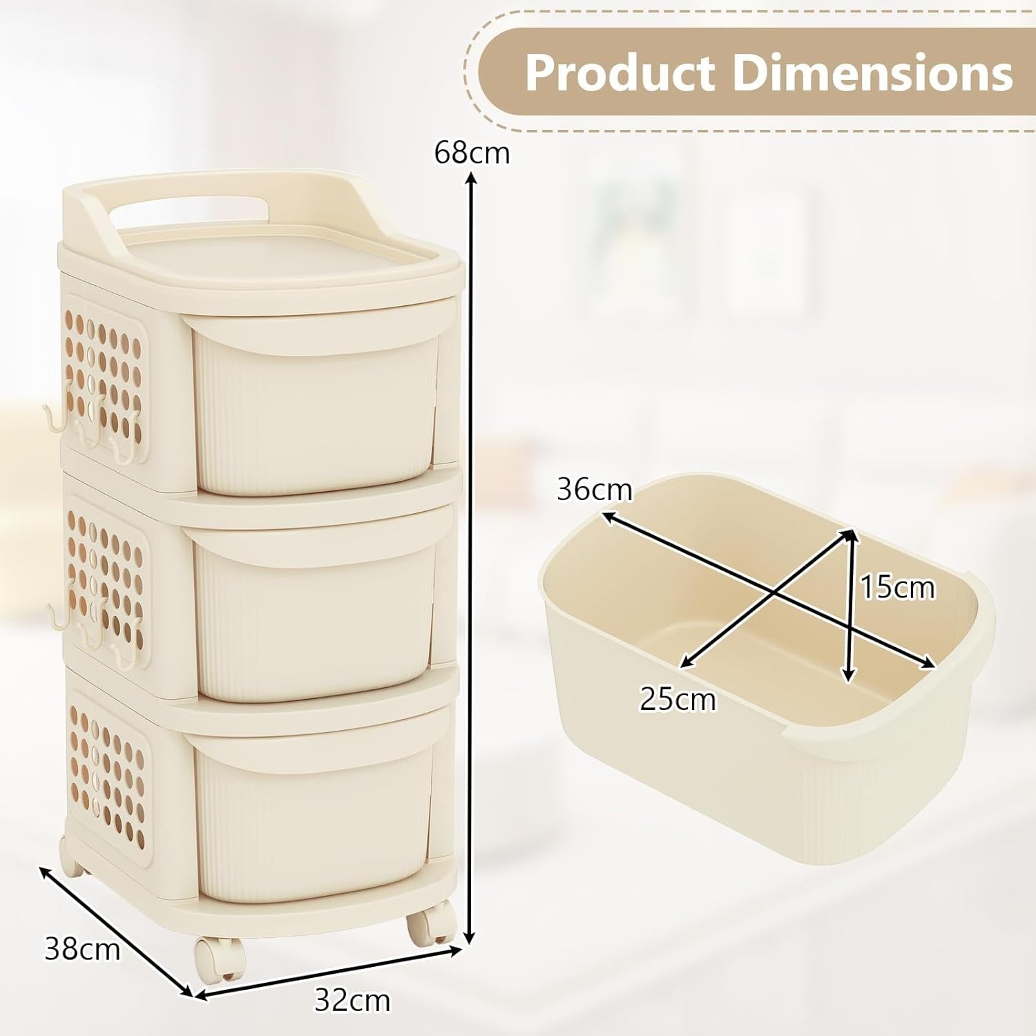 3 Drawer Rolling Storage Cart Utility Organizer with Pegboard Hooks