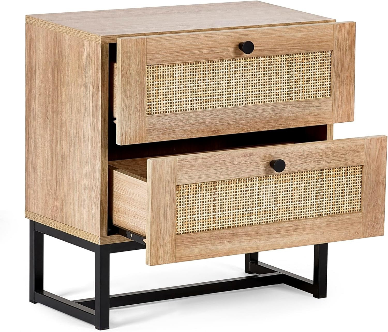 Modern Oak 2 Drawer Bedside Table with Rattan Front 50x30x55cm