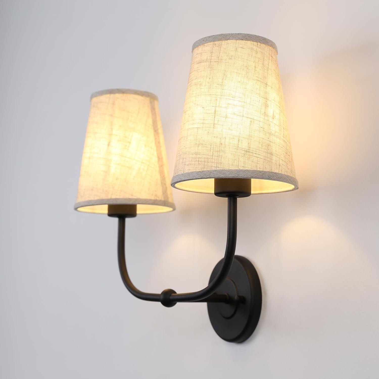 Black 2-Light Wall Sconce Linen Shades Vintage Bedroom & Bathroom Lamp
