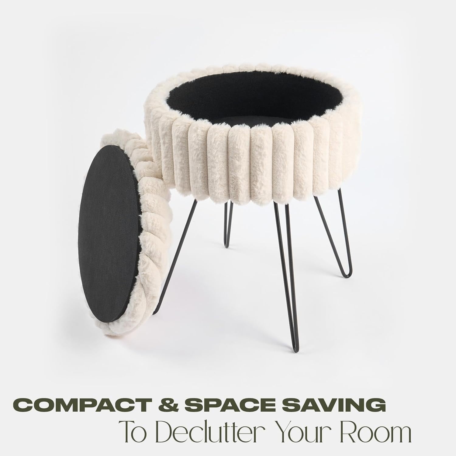 Cream Faux Fur Storage Stool Round Vanity Seat Hairpin Leg Ottoman