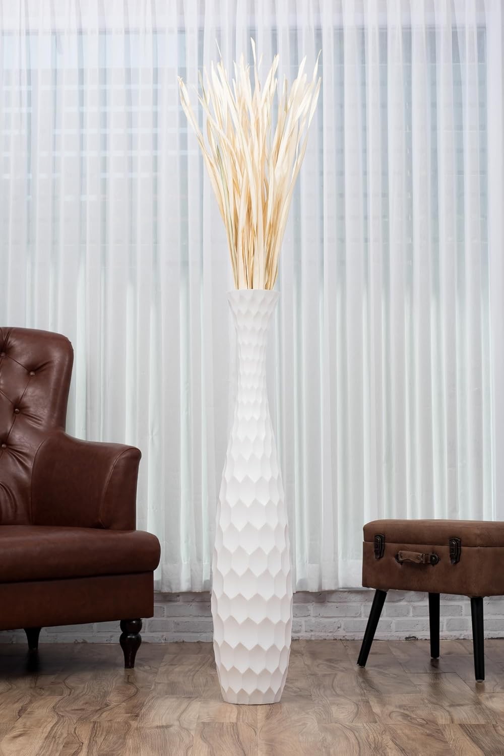 Tall White Floor Vase 105cm Wooden Decor Pampas Grass Holder Modern Home