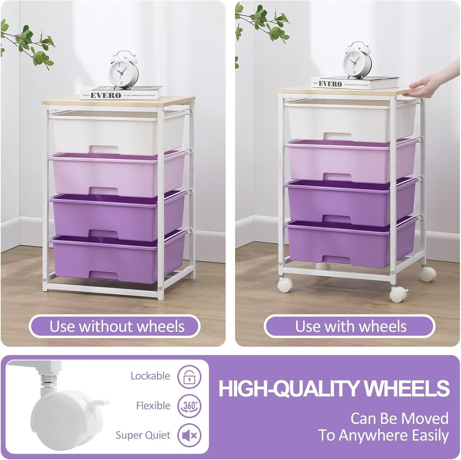 4 Drawer Rolling Storage Cart Mobile Organizer Utility Trolley Purple