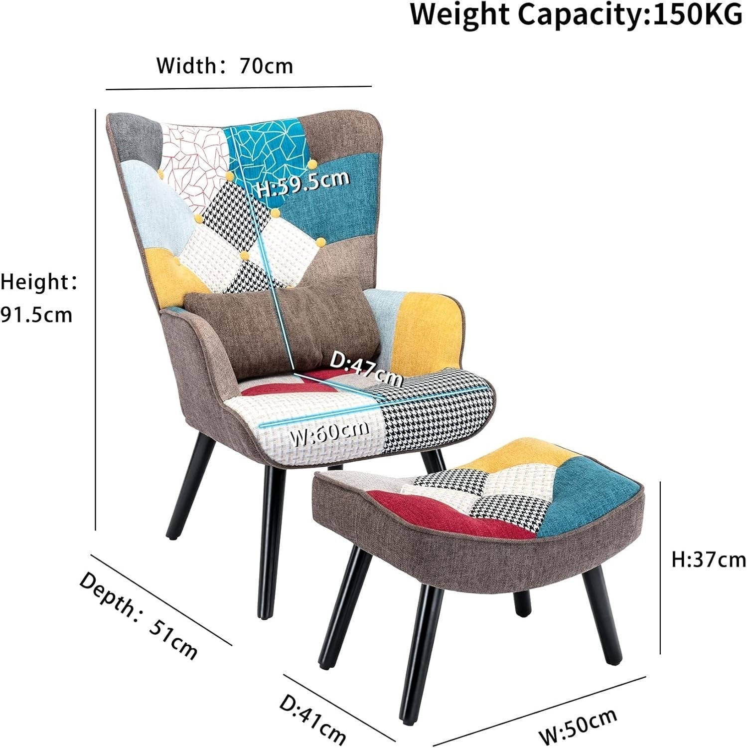 Patchwork Accent Chair & Ottoman Lounge Set | Retro Armchair for Reading