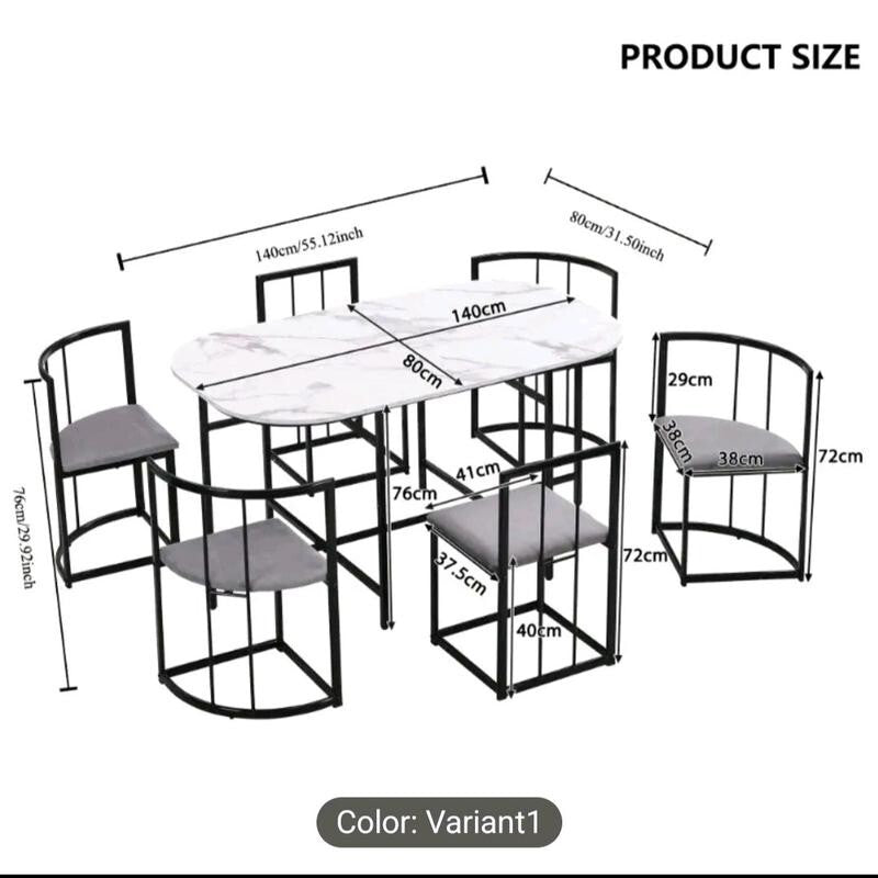 6 Seater Marble Dining Table Set – Modern Black Frame + Cushioned Chairs