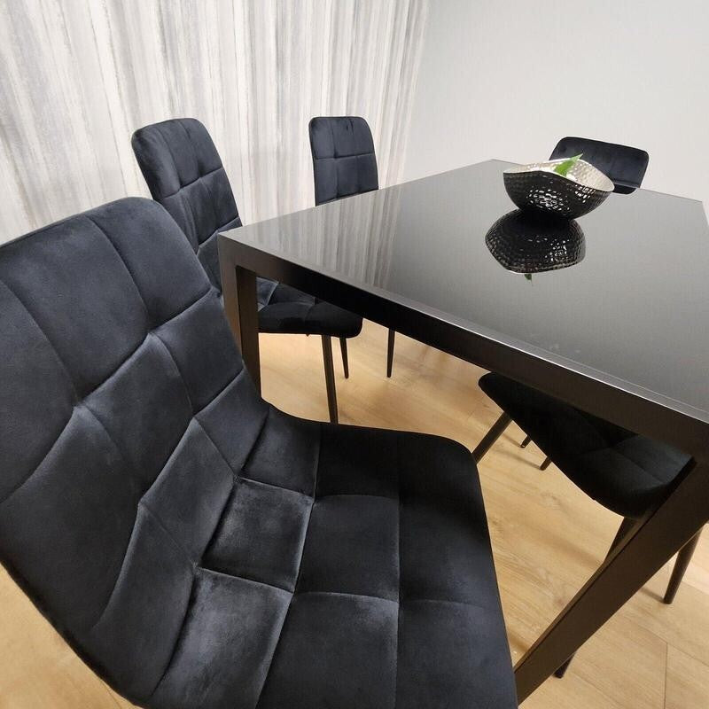 Glass Dining Table Set with 6 Velvet Chairs | Modern Black Kitchen Set
