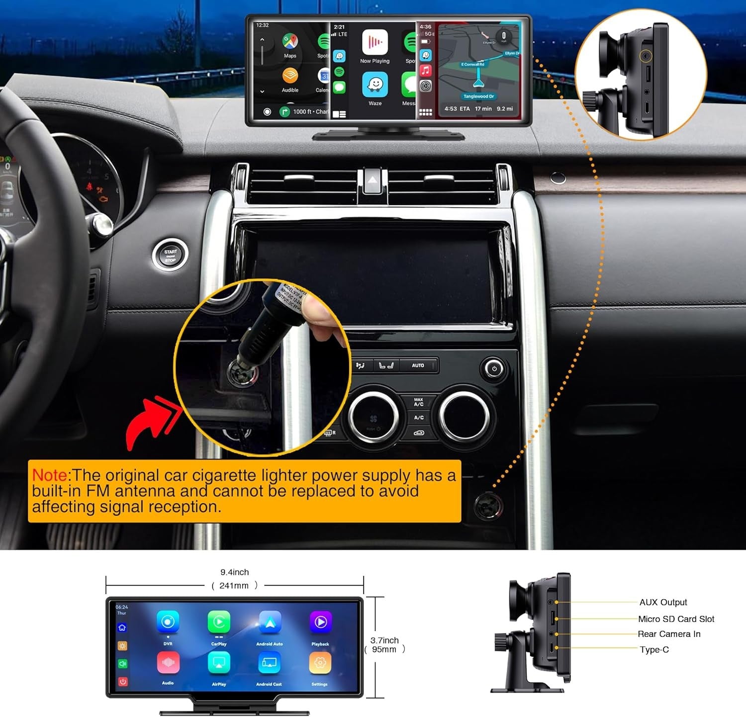 10.26" Portable Car Stereo Wireless CarPlay 4K Dash Cam GPS