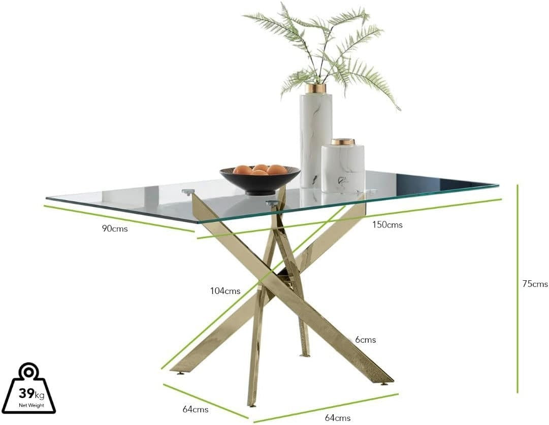 Modern Glass Dining Table with Gold Metal Legs Rectangular 6 Seater Design