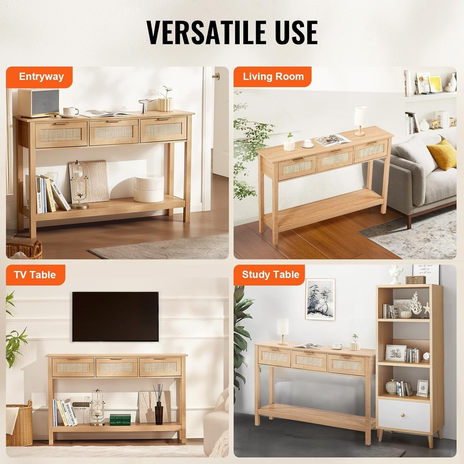 Natural Rattan Console Table with 3 Drawers – Spacious Entryway Storage