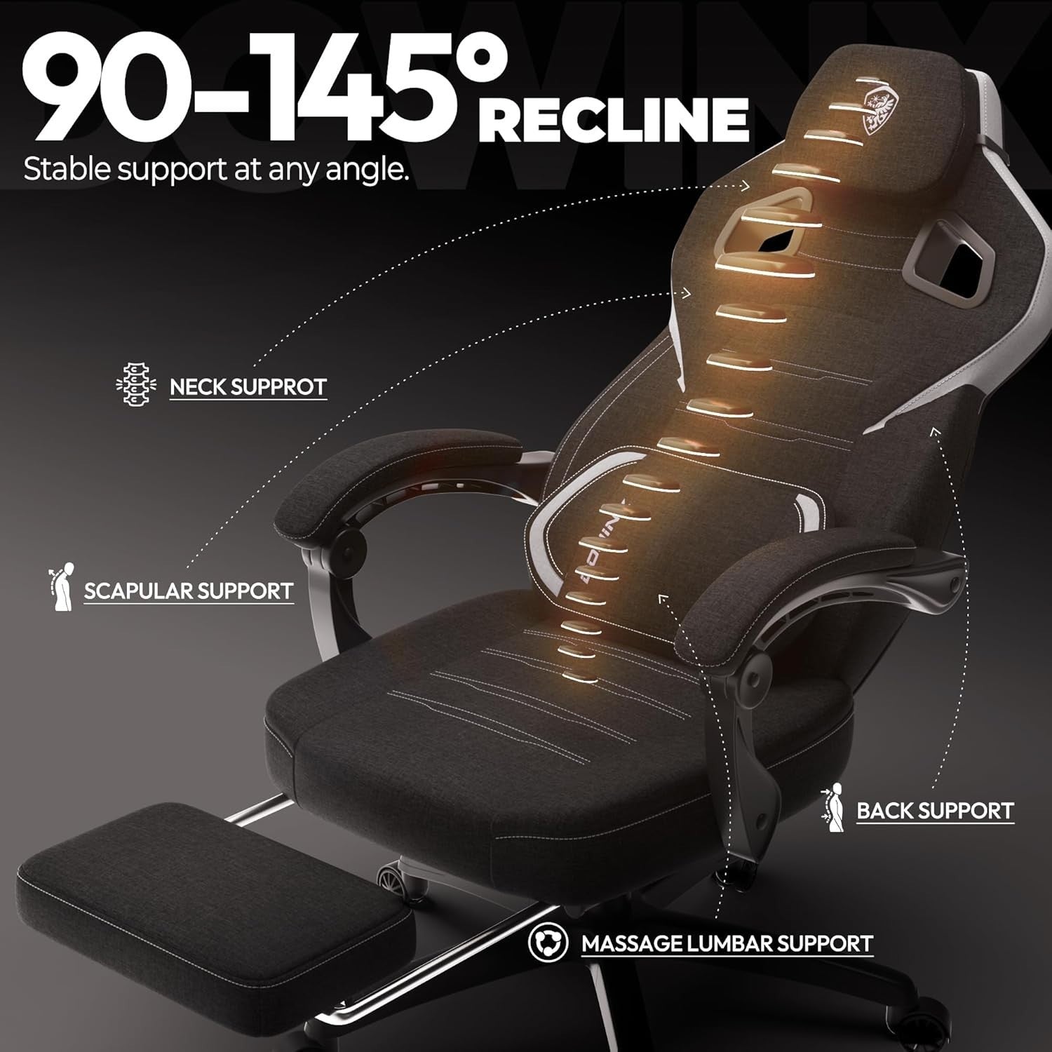 Ergonomic Gaming Chair Wide Back Fabric Recliner w/ Footrest & Lumbar Support