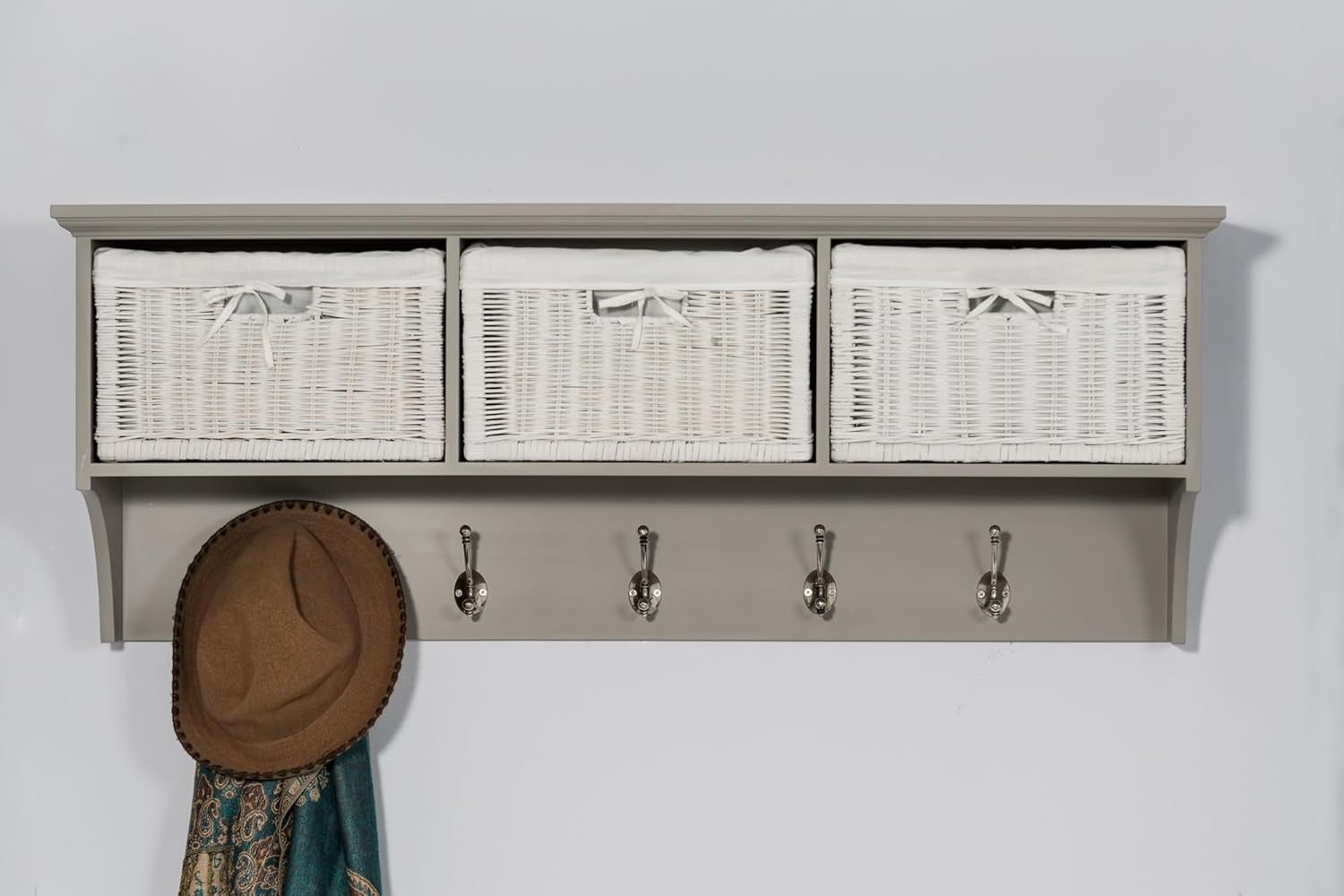 Dove Grey Wall Mounted Coat Rack 3 Wicker Baskets 5 Hooks Hallway Shelf