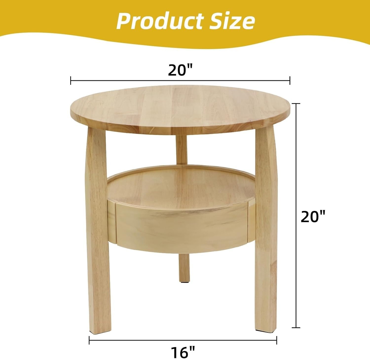 Solid Oak Round Coffee Table with Drawer – 50x40x50cm 2-Tier Storage