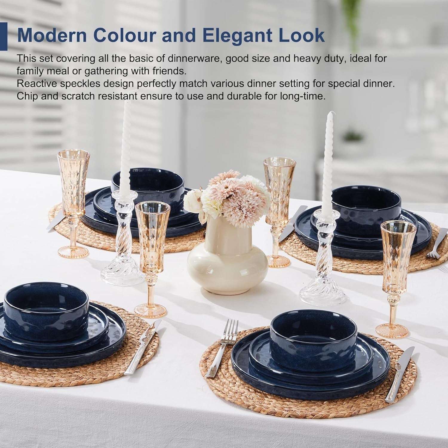 12 Piece Stoneware Dinner Set Plates Bowls Glaze Dishwasher Safe
