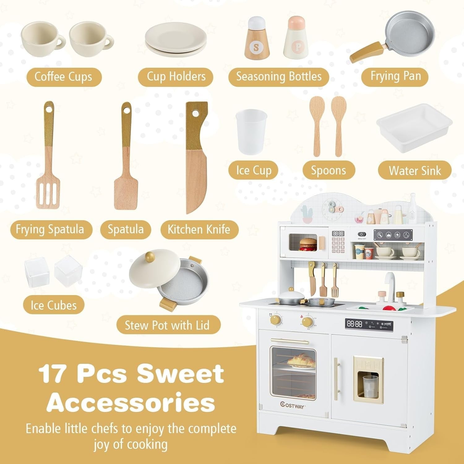 Wooden Kids Play Kitchen White Coffee Maker Oven 17PCS Toy Set
