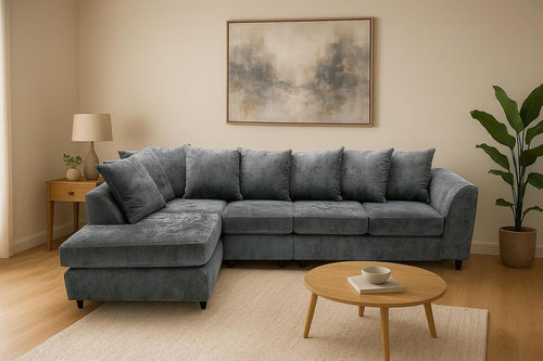 L Shaped Corner Sofa 5 Seater – Crushed Fabric Sectional Couch w/ Chaise