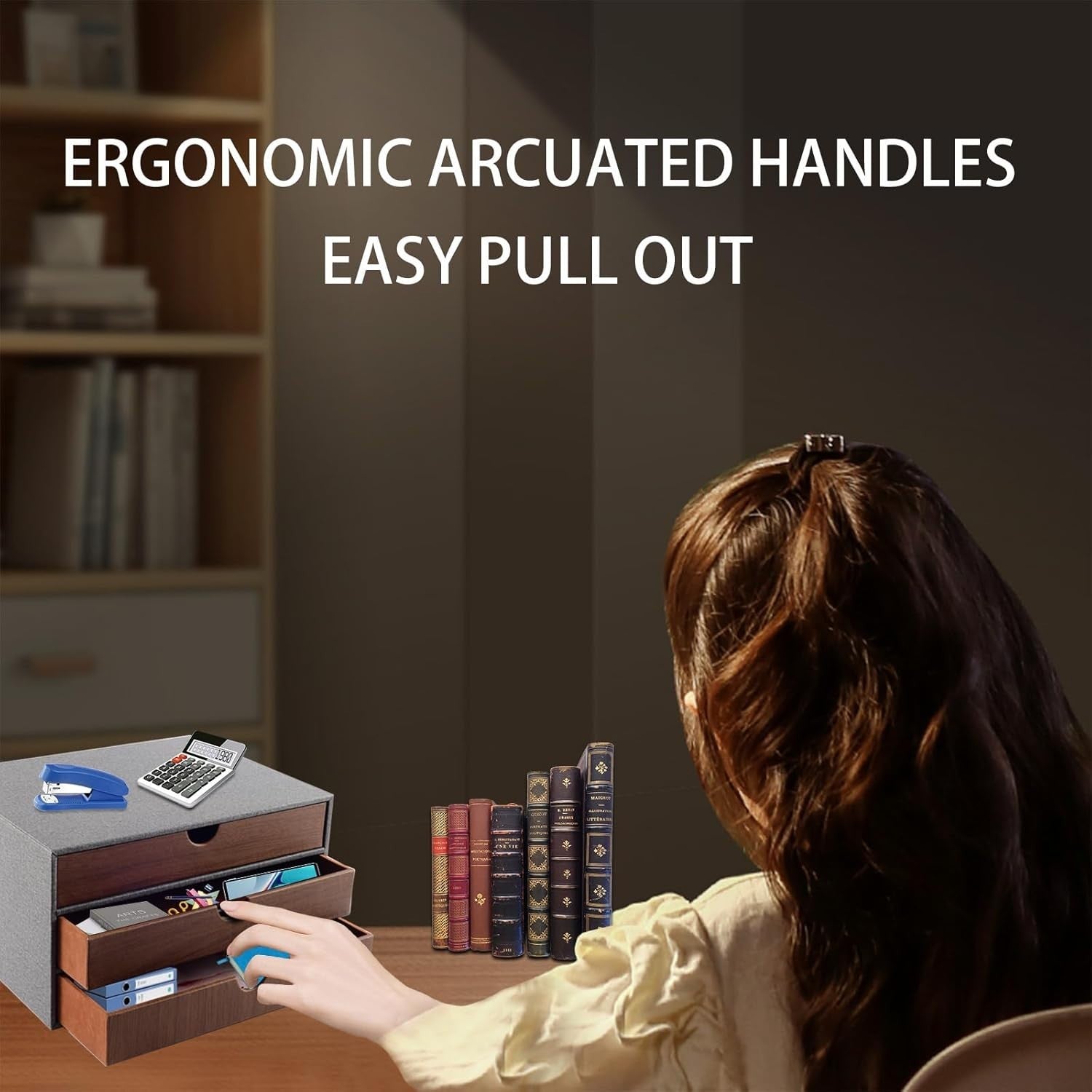 Grey PU Leather Desk Organizer with 3 Drawers for Office & Home
