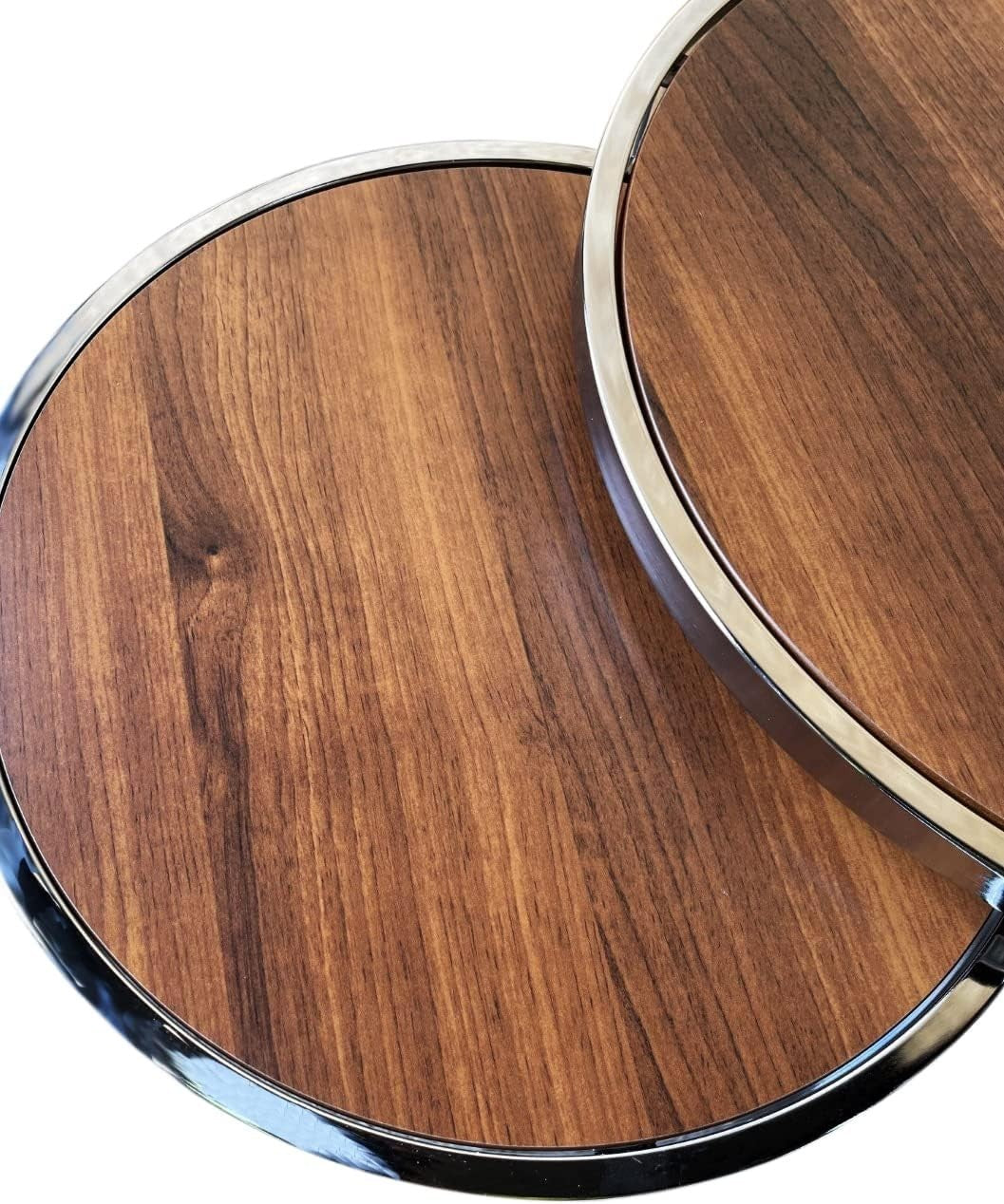 2pc Round Nesting Coffee Table Set Wood Top Chrome Metal Base Modern Living Room